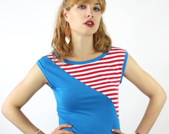 woman geometric shirt, blue ladies t-shirt, stripes white red, handmade in Berlin, jerseyshirt, handmade summer, fashionable clothes