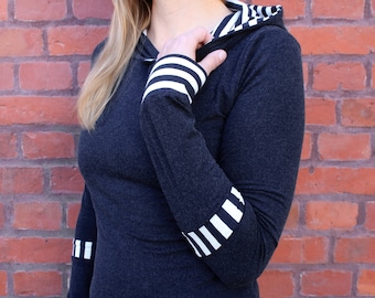 Long sleeve with hood dark blue stripes