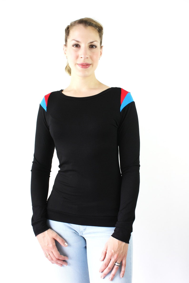 womens handmade fashion, black longsleeve, woman longsleeves, sweatshirt black blue red, unique jersey sweatshirts, handmade in Berlin image 1