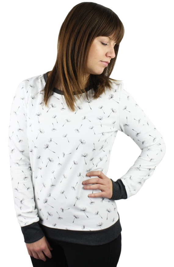 Damenpullover weiß dunkelgrau, Sweatshirt Muster Pusteblume, Damen Pullover, gemütlicher Pulli, Trend, Damenmode, Mode Damen Damenpullover weiß dunkelgrau, Sweatshirt Muster Pusteblume, Damen Pullover, gemütlicher Pulli, Trend, Damenmode, Mode Damen