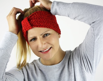 knitted red headband, handknitted in Germany