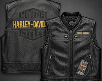 Men’s Harley Davidson Leather Biker Vest – Perforated Motorcycle Riding Waistcoat Black Rider Gear