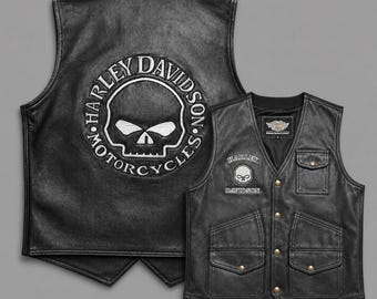 Harley Davidson Leather Vest – Skull Patch, Biker Style gift for bikers
