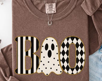 Retro Ghost Boo Halloween Comfort Colors Long Sleeve Shirt | Spooky Season TShirt | VintageBlack And White Ghost Graphic Shirt Tee