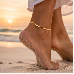 Stainless Steel Layered Anklet, Gold Herringbone Chain, Double Wrap Foot Jewelry, Gift for Her