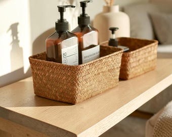 1pc Woven Seagrass Storage Basket Natural Rattan Organizer for Bathroom Nursery Kitchen Shelf Decor