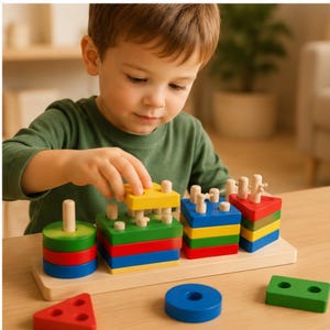 Gioco impilabile in legno Montessori, puzzle di forme e colori, gioco educativo per l'apprendimento di bambini e bambine.
