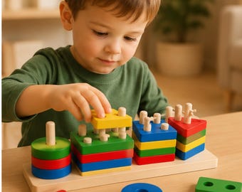 モンテッソーリ木製積み木、形合わせパズルブロック、知育カラーマッチング玩具、幼児の男の子と女の子への学習ギフト