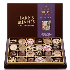 May include: A rectangular box of Harris & James chocolate makers chocolates featuring a brown lid with purple branding that reads The Great British Cafe Chocolate Collection. The open box contains twenty-four assorted chocolates in a gold tray.