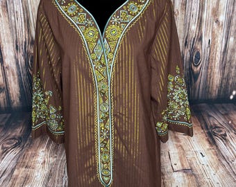 New VTG Bob Mackie QVC Brown Gold metallic Tunic Top Shirt Size XL embroidered