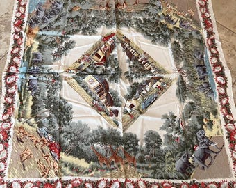Vintage Historical Africa African Printed linen Tablecloth Square 48" x 48" safari wild animals fabric