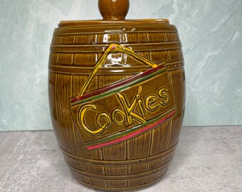 Vintage 50s Mccoy Pottery Whiskey Barrel Cookie Jar with Lid made in the USA Brown Cookies 8"