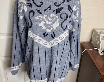 Vtg Village Fair Floral Knit Mockneck Sweater Grandma Cottagecore Retro USA L