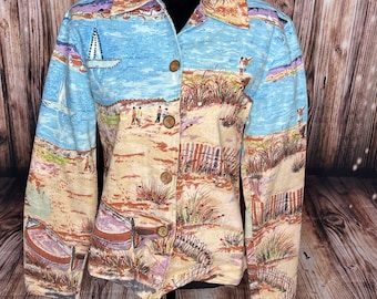 Vintage Life style Art to wear Blazer jacket Seaside Beach Ocean Sailing Medium