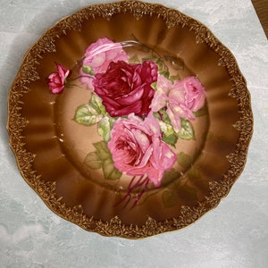 Vintage CT Carl Tielsch Altwasser Hand Painted Roses plate pink brown Gold trim 9.5&quot; Germany