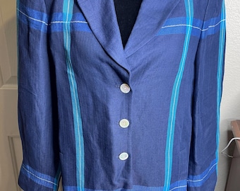 Vintage Liz claiborne collection striped linen rayon blazer navy blue petite 12