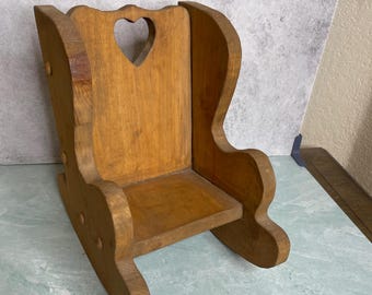 Vintage thick wood wooden rocking chair with heart small Doll Or Plant Stand 11"
