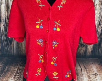 Vtg Gina Peters Red Cardigan sweater Button up short sleeve Embroidered L Red