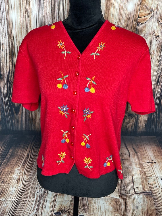 Vtg Gina Peters Red Cardigan sweater Button up sho