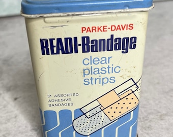 Rare Vintage Parke Davis Readi bandage plastic strips metal empty storage Box Hinged Lid
