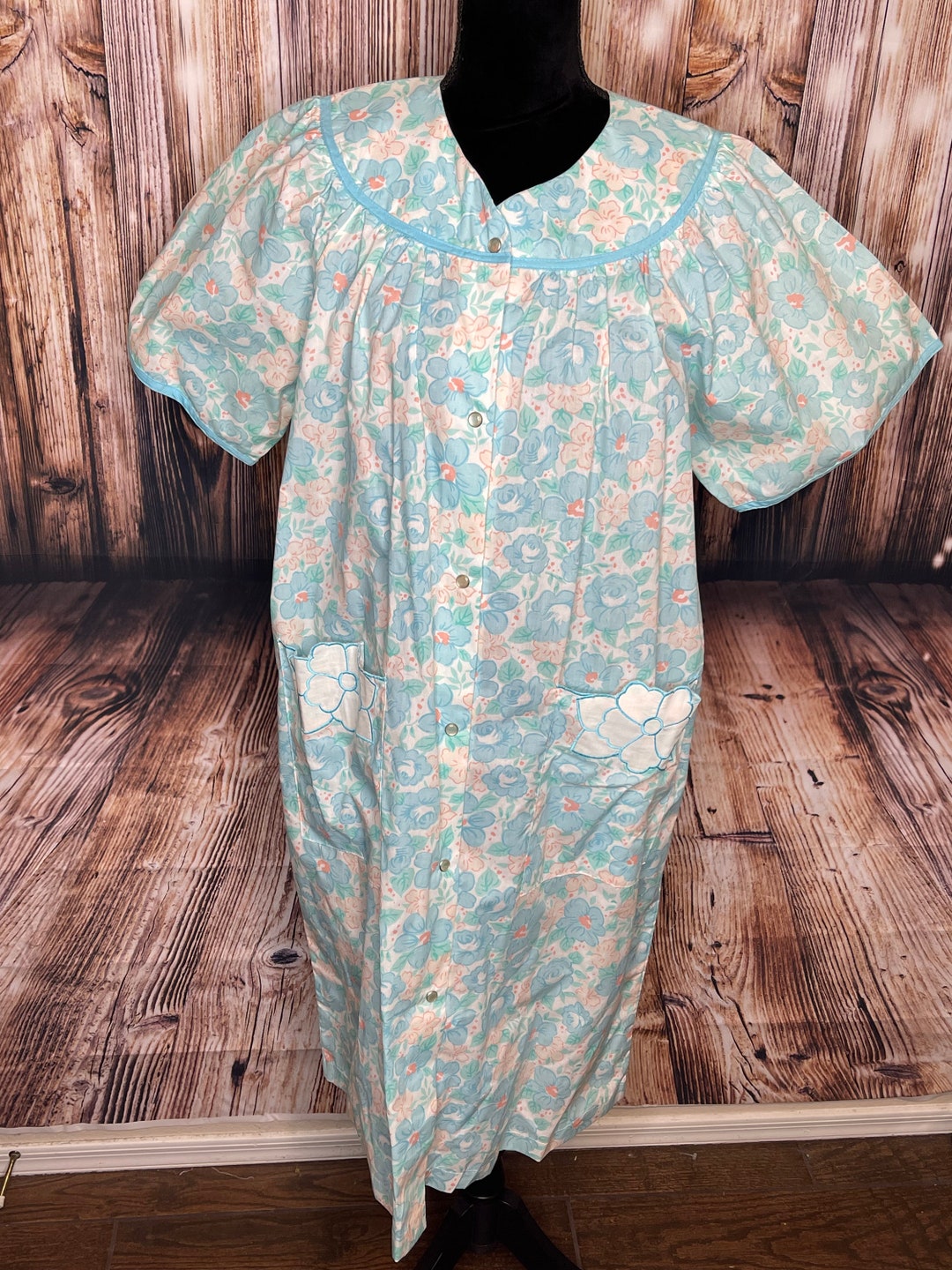 Vintage Kelly Reed Pastel Floral House Dress Medium Snap Front Pockets ...