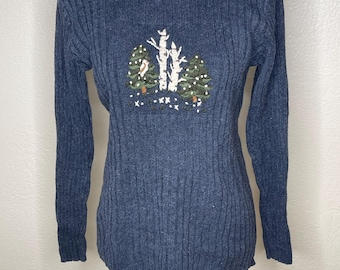 Vintage Christopher & Banks Embroidered forest mock neck stretchy sweater L