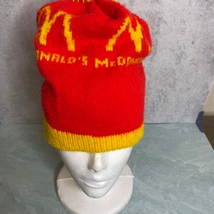 Vintage 1980's McDonalds Knit Toboggan Red & Yellow Beanie Cap Stocking Hat