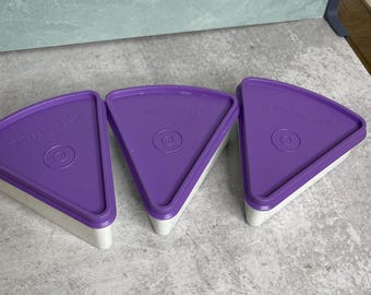 Three Vintage Tupperware Individual Pie Slice Keepers Taker purple Lid Speckled Base 269-19