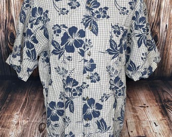 Vintage Bugle Boy Hibiscus floral Mens shirt Size Large Ramie Cotton