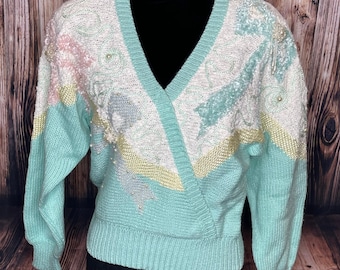 Vintage 80s Jaclyn Smith Sweater Womens Medium Pastel Pearls Beads Embroidered