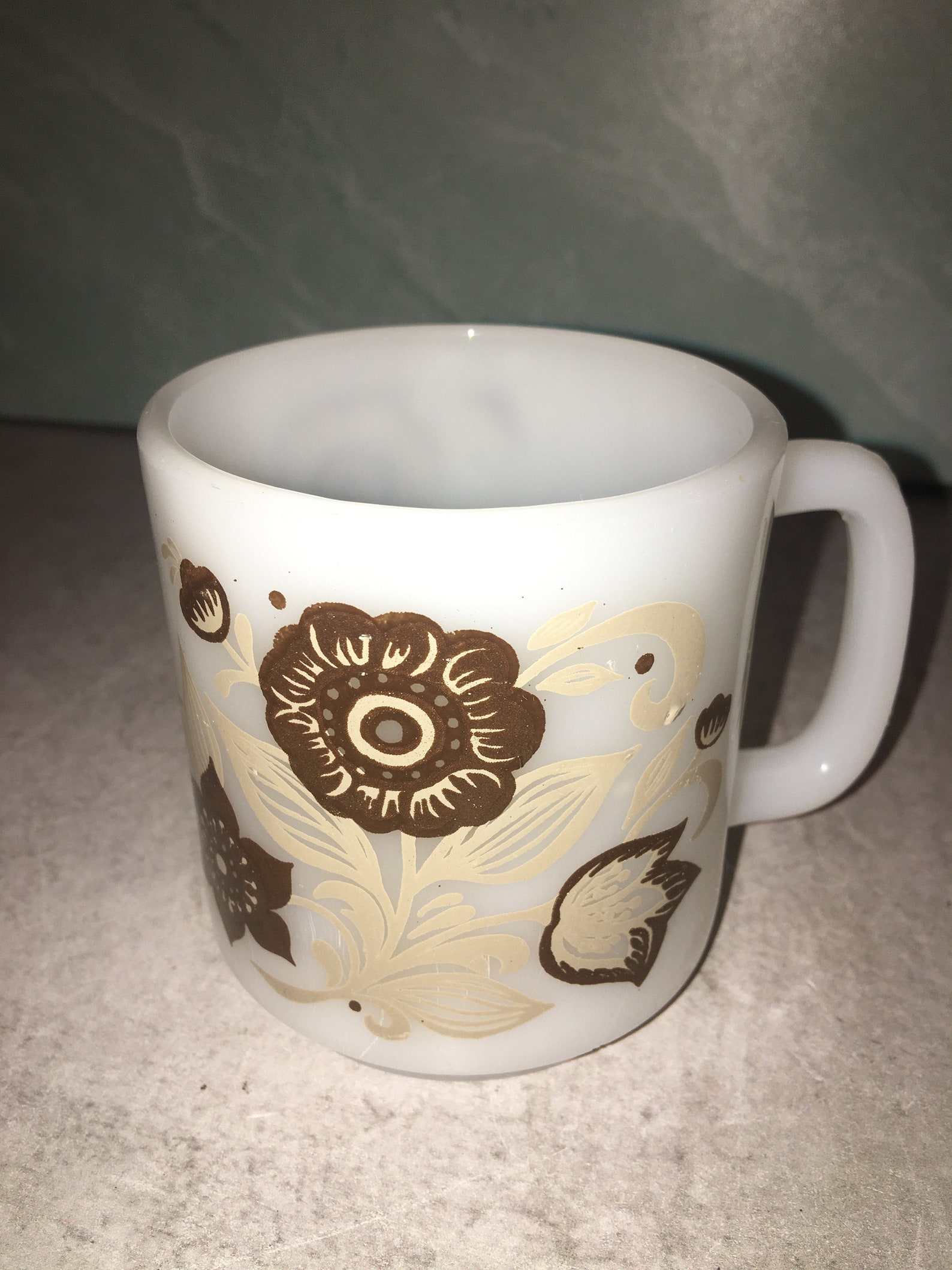 Vintage GLASBAKE Milk Glass Mug 77 Brown Beige Floral Flower Etsy