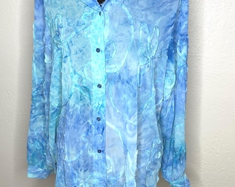 Vtg Maggie Sweet Blue textured artsy design long sleeve blouse shirt Size Large
