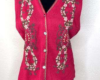 Vintage IVY Collectibles Red hand embroidered vest Floral Size Large cottagecore