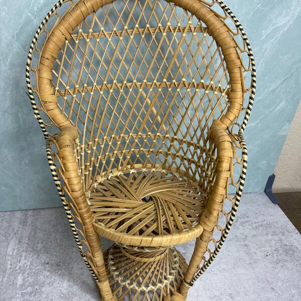 Vintage Wicker Peacock Fan Back Rattan Chair 16” Doll Or Plant Stand Boho Hip