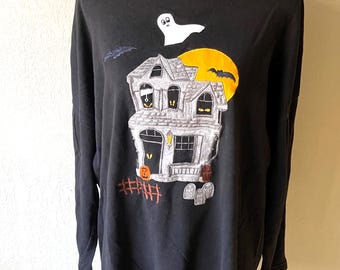 Vintage Chaus Sport Halloween shirt top Embroidered Haunted House ghost bat L