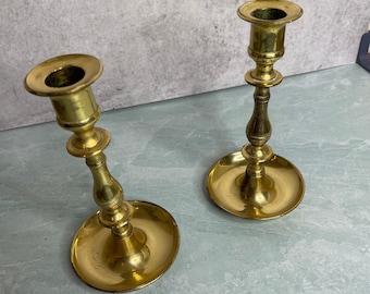 Vintage Pair of Heavy Solid Brass English Traditional Candlesticks 7"