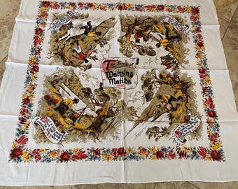 Vtg Historical Australia Printed linen Tablecloth Square Waltzing Matilda