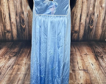 Vintage Vanity Fair Blue Satin Nightgown Floral Embroidery Buttons Medium