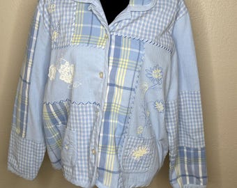 Vintage Koret City blues Embroidered beaded floral Blazer Size 16W Hong Kong