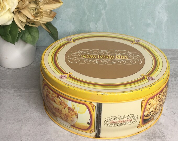 Vintage 1984 Chex Party Mix Tin Round Yellow Recipe on Lid 8 Four