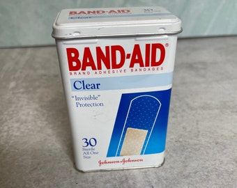 Vintage 1992 Band-Aid clear invisible protection metal storage Box Johnson & Johnson Hinged Lid empty