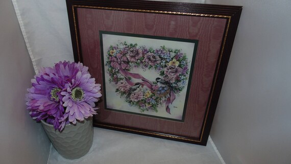 Vintage Home Interiors And Gifts Homco Chickadee And Flowers Heart Wreath Picture 13 X 13