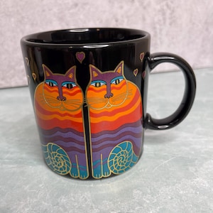 Vintage Laurel Burch RAINBOW CATS Coffee Mug Black BOHEMIAN Boho 16 oz