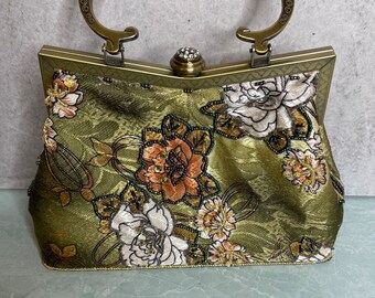Vintage Leko London Clutch Bag Handbag purse Beaded Floral Fabric olive green