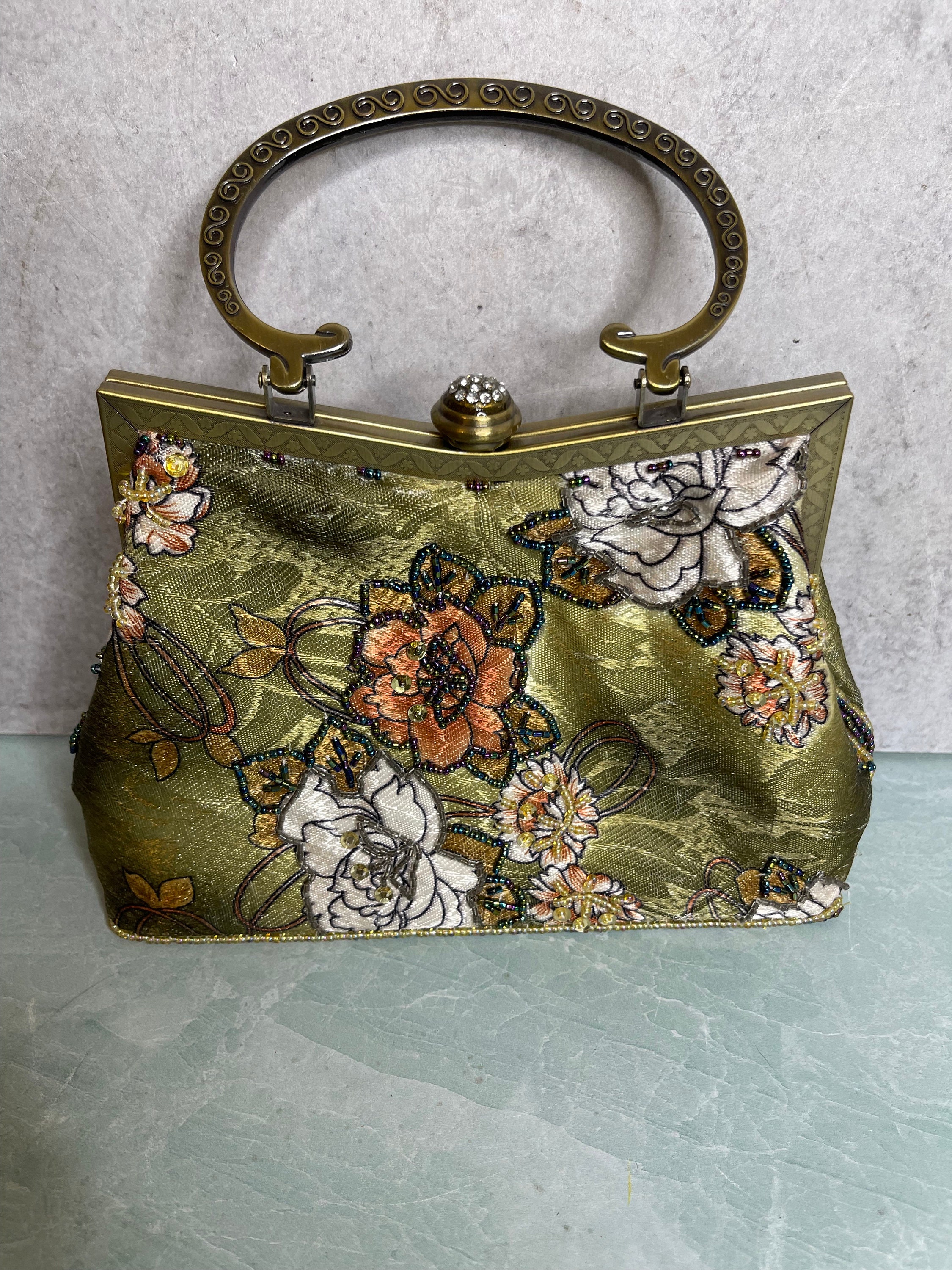 Vintage Leko London Clutch Bag Handbag Purse Beaded Floral Fabric Olive Green Etsy