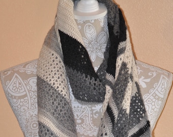 Scarf, Hand Crochet, 100% Superfine Alpaca Yarn,  White, Gray, Black,  Winter Wrap Accessory - Wrap Around Scarf - Neck Warmer Style Scarf
