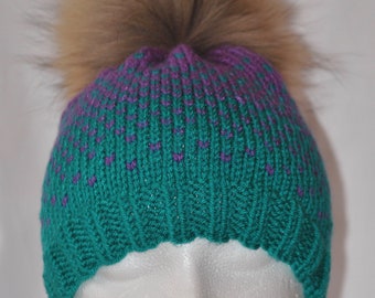 Woman Ombre Hat - Hand Knit Adult Hat - Winter Accessory - Teal and Purple Hat - Ribbed Sock Cap with Snap on Real Raccoon Fur Pom