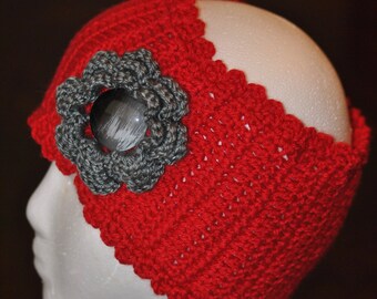 Wide Red Flower Ear Warmer, Crochet Handmade Ruffled Flower Ear warmer,  Girl Gift, Cheerleading Headband, Winter Accessory