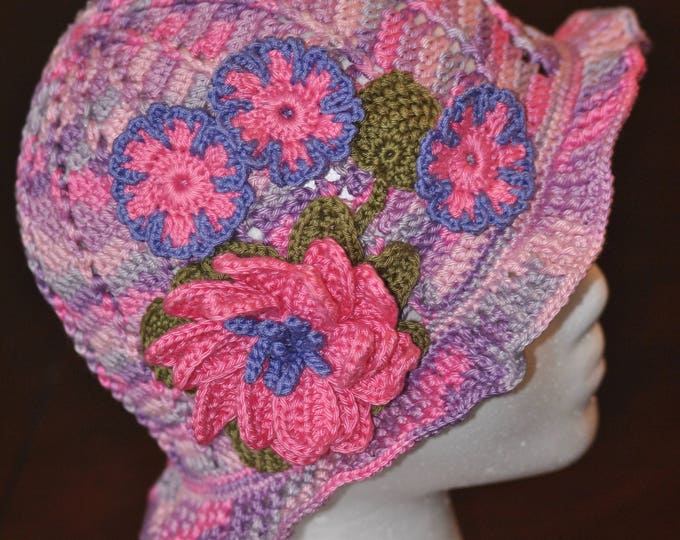 Hand Crochet Large Flower Panama Hat Little Girl Pink Etsy