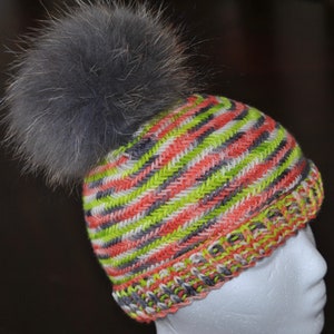 Hand Knit Hat - Adult Small/Medium Sized Hat - Extra Large Pom Pom - Removable Pom - Watermelon Colors - Winter Accessory